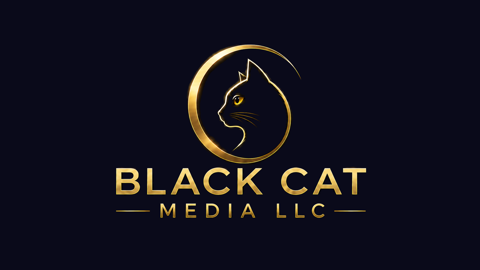 Black Cat Media LLC Official Black Cat Media LLC logo featuring a gold black-cat profile inside a crescent ring on a dark navy background.